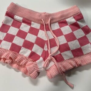 Pink Checkered Knit Ruffle Shorts